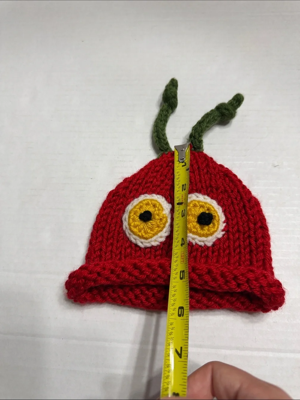 Red Knit Kids Beanie with Yellow Eye Detail and Green Antennae